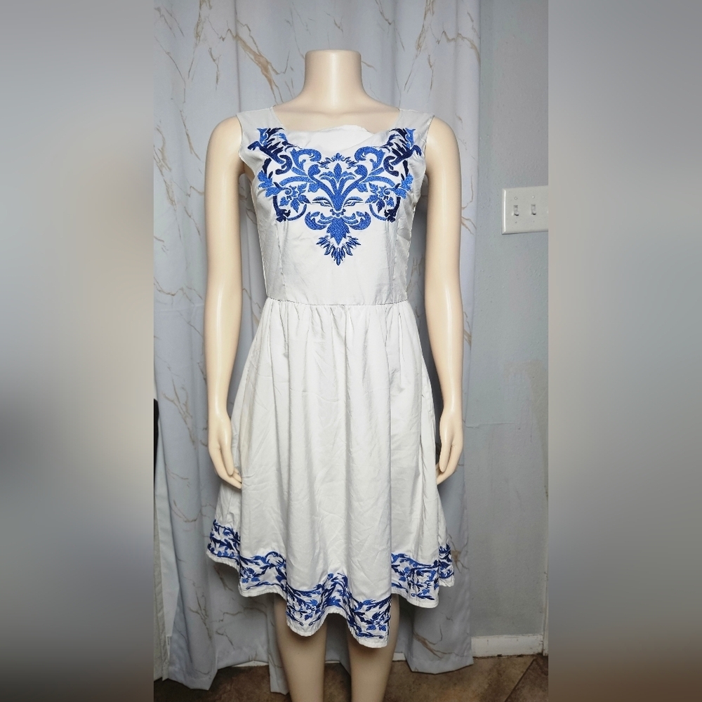 White Midi Dress with Blue Embroidered Accents
